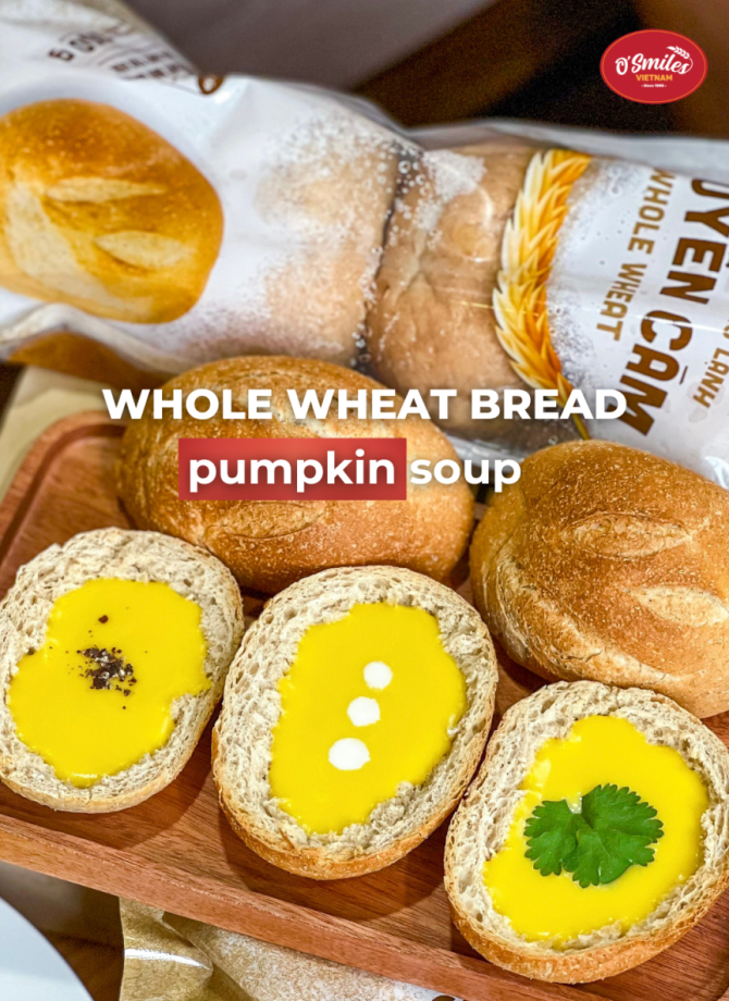 Pumpkin soup in a whole wheat bread cob